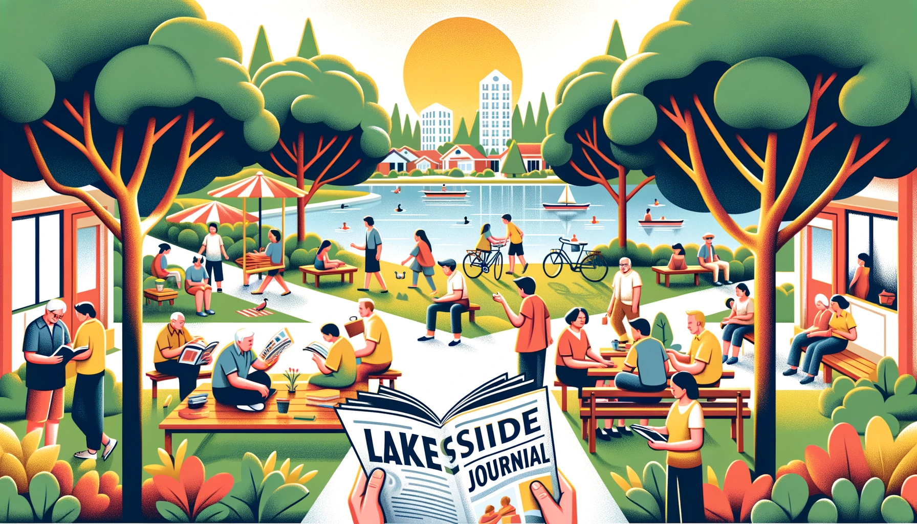 A vibrant community gathering in Lakeside with people reading the Lakeside Journal, enjoying outdoor activities, and engaging with each other, with a park and small lake in the background.